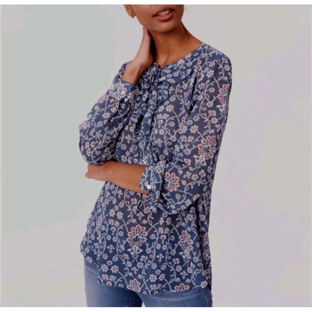 NWT LOFT Blue Floral Lace Up Ruffle Blouse Medium Sheer Cottagecore Boho Top $59